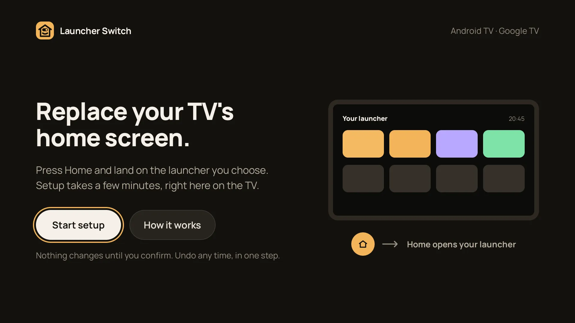 Launcher Switch on a TV: "Replace your TV’s home screen", with a Start setup button.