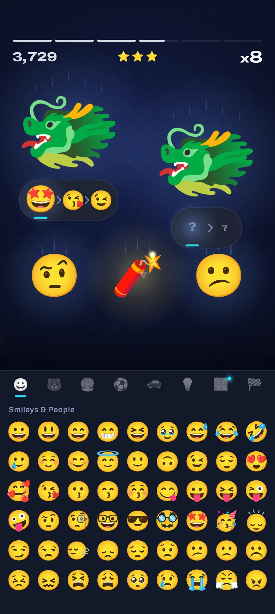 A two-headed dragon boss fight above the emoji keyboard.
