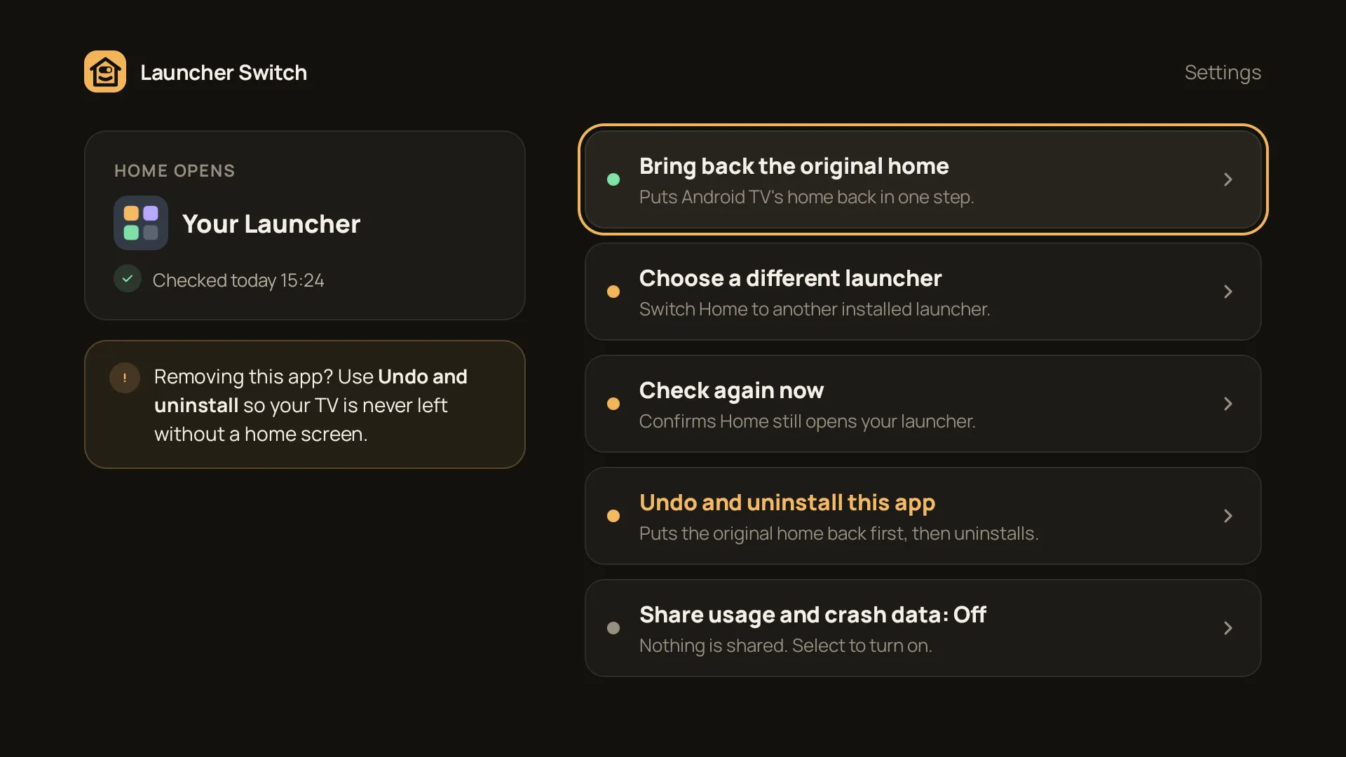 Settings, with "Bring back the original home" at the top.