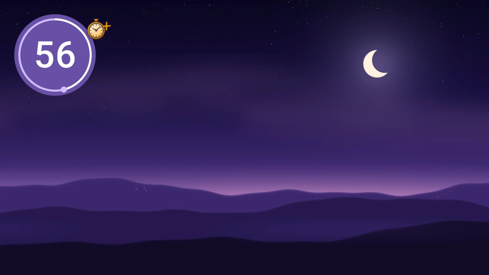 A night sky on the TV, with a small TV Timer+ countdown showing 56 seconds in the corner.
