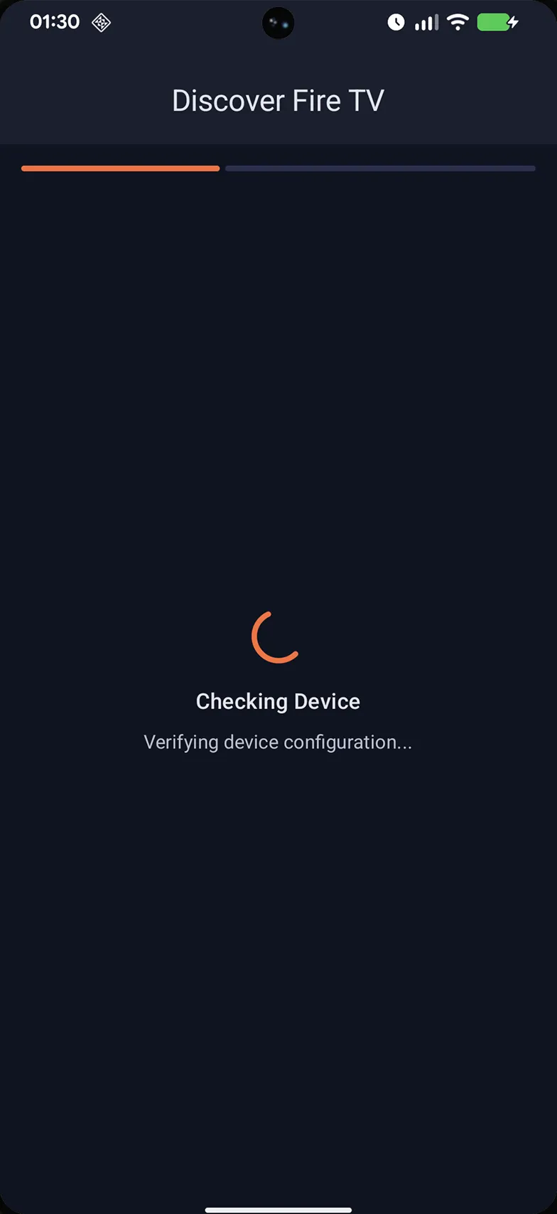 The setup checking the Fire TV: "Checking Device. Verifying device configuration…"