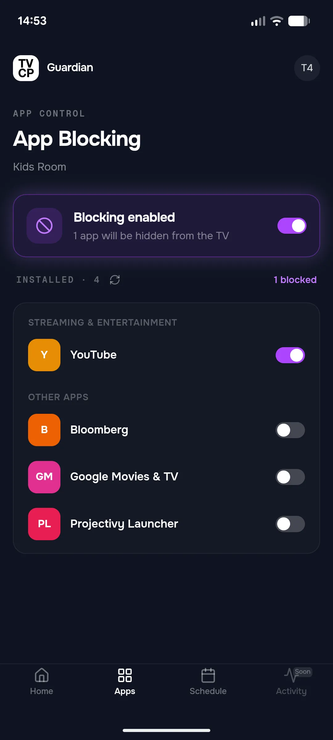 TVCP Guardian’s App Blocking screen, with YouTube switched to blocked.
