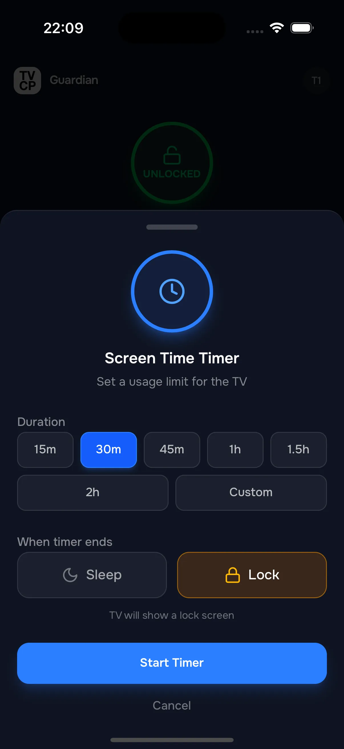 TVCP Guardian’s Screen Time Timer, set to 30 minutes, with Sleep or Lock when it ends.